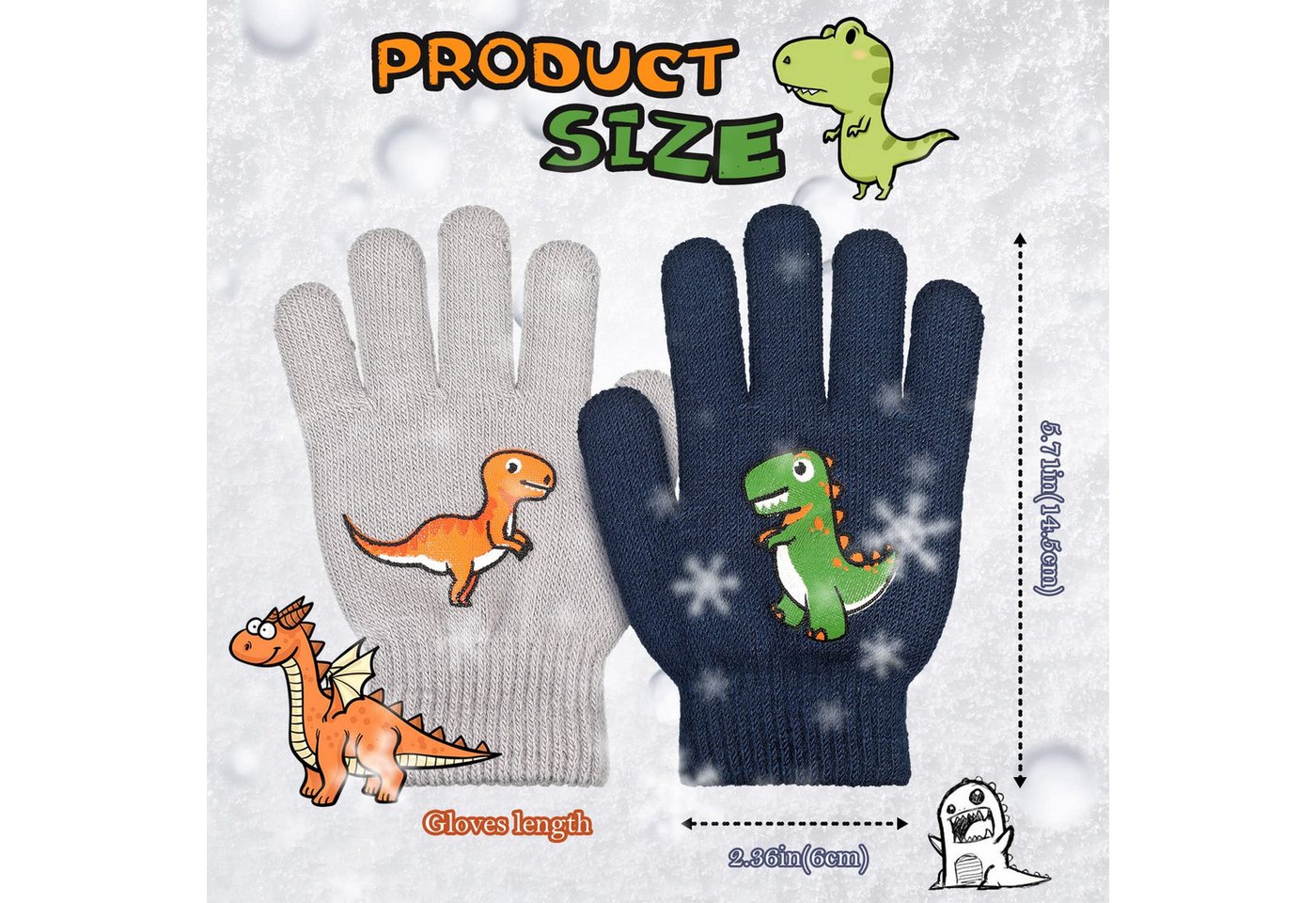 Cachito Strickhandschuhe 2 Paar Winterthermische Handschuhe Dinosaurier Kinderhandschuhe für Jungen Mädchen – Bild 2 von 5