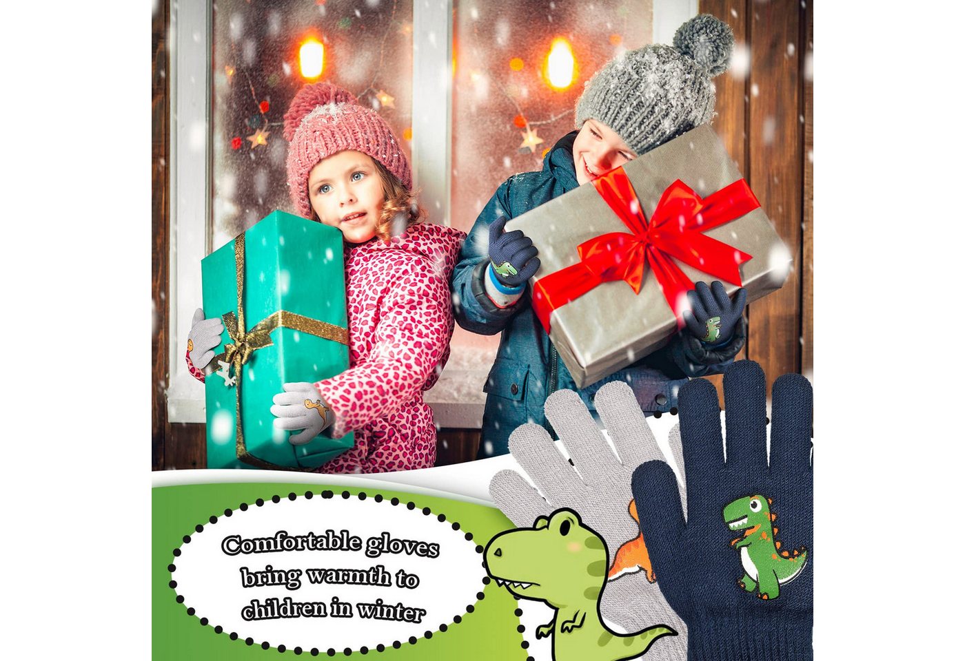 Cachito Strickhandschuhe 2 Paar Winterthermische Handschuhe Dinosaurier Kinderhandschuhe für Jungen Mädchen – Bild 5 von 5