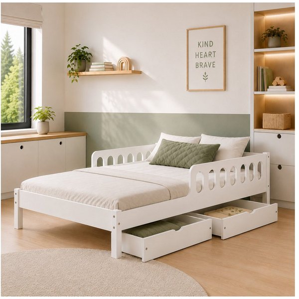CADANI Kinderbett FINN mit Rausfallschutz, Roll-Lattenrost - bis 200 kg belastbar (120x200 cm Jugendbett, Weiß, mit Schubladen, inkl. Roll-Lattenrost), Stauraum