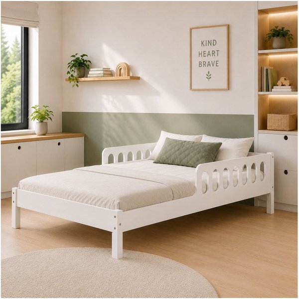CADANI Kinderbett FINN mit Rausfallschutz, Roll-Lattenrost - bis 200 kg belastbar (120x200 cm Jugendbett, Weiß, ohne Schubladen, inkl. Roll-Lattenrost), Rausfal