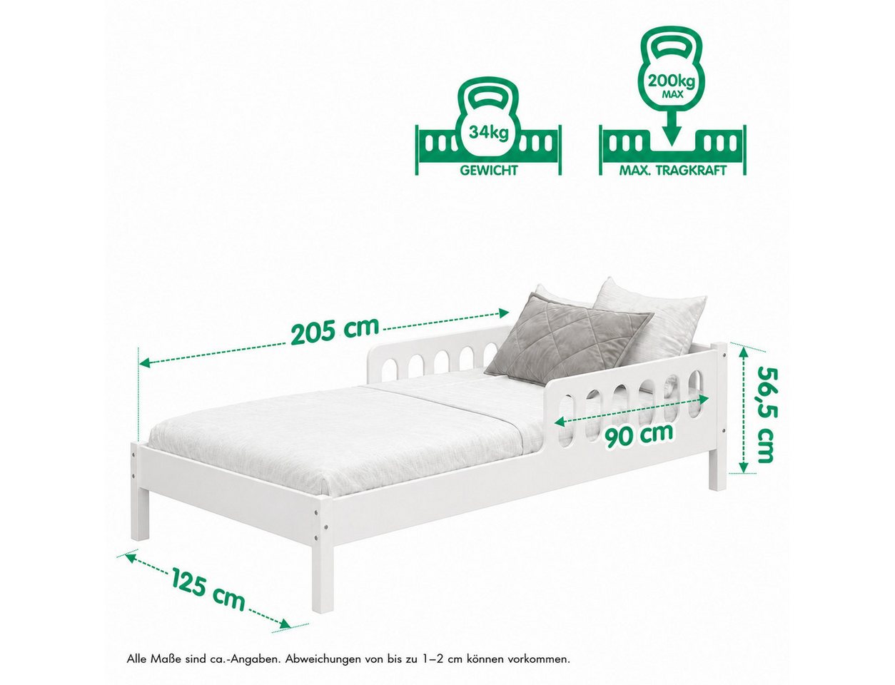 CADANI Kinderbett FINN mit Rausfallschutz, Roll-Lattenrost - bis 200 kg belastbar (120x200 cm Jugendbett, Weiß, ohne Schubladen, inkl. Roll-Lattenrost), Rausfal – Bild 3 von 4