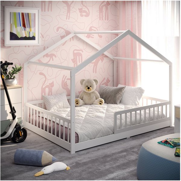 CADANI Kinderbett Malte Hausbett Bodenbett Rausfallschutz abnehmbar bis 200 kg belastbar (140x200 cm, Montessori Kinder- & Jugendbett aus Kiefer Massivholz), in