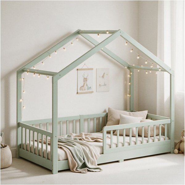 CADANI Kinderbett Malte Hausbett Bodenbett - Rausfallschutz abnehmbar - bis 200 kg (90x200 cm, Pistachio Grün, Montessori Kinder- & Jugendbett aus Kiefer Massiv