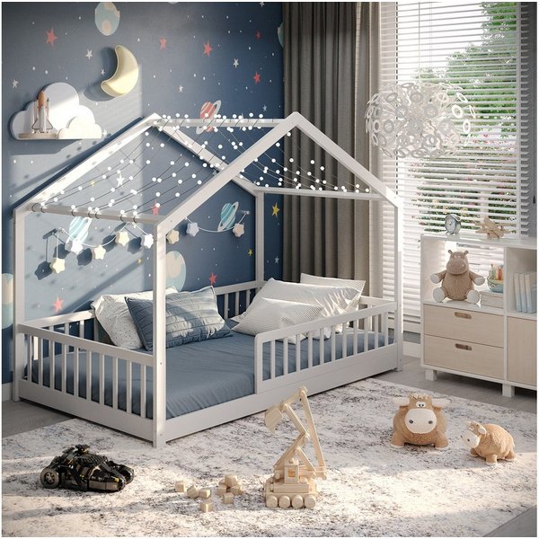 CADANI Kinderbett Malte Hausbett Bodenbett - Rausfallschutz abnehmbar - bis 200 kg (120x200 cm, Montessori Kinder- & Jugendbett aus Kiefer Massivholz), inkl. st