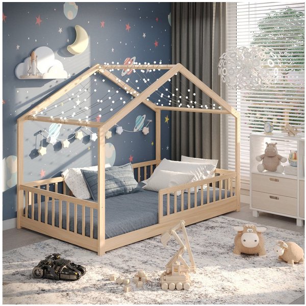 CADANI Kinderbett Malte Hausbett Bodenbett - Rausfallschutz abnehmbar - bis 200 kg (120x200 cm, Montessori Kinder- & Jugendbett aus Kiefer Massivholz), inkl. st