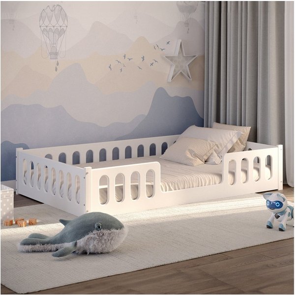 CADANI Kinderbett MONTE Bodenbett mit abnehmbaren Rausfallschutz - bis 200 kg belastbar (120x200 cm 2in1 Bodenbett, inkl. Roll-Lattenrost & Zusatz-Seitenteil), 
