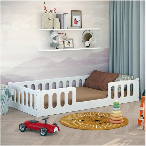 CADANI Kinderbett MONTE Bodenbett mit abnehmbaren Rausfallschutz - bis 200 kg belastbar (90x200 cm 2in1 Bodenbett, inkl. Roll-Lattenrost & Zusatz-Seitenteil), 2