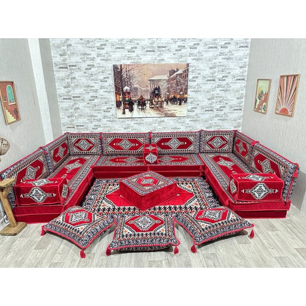 CaddeBuy Sofa Arabische Ecke Majlis, Orientalisches Sofa, Rot-Saray-U-20, 22 Teile