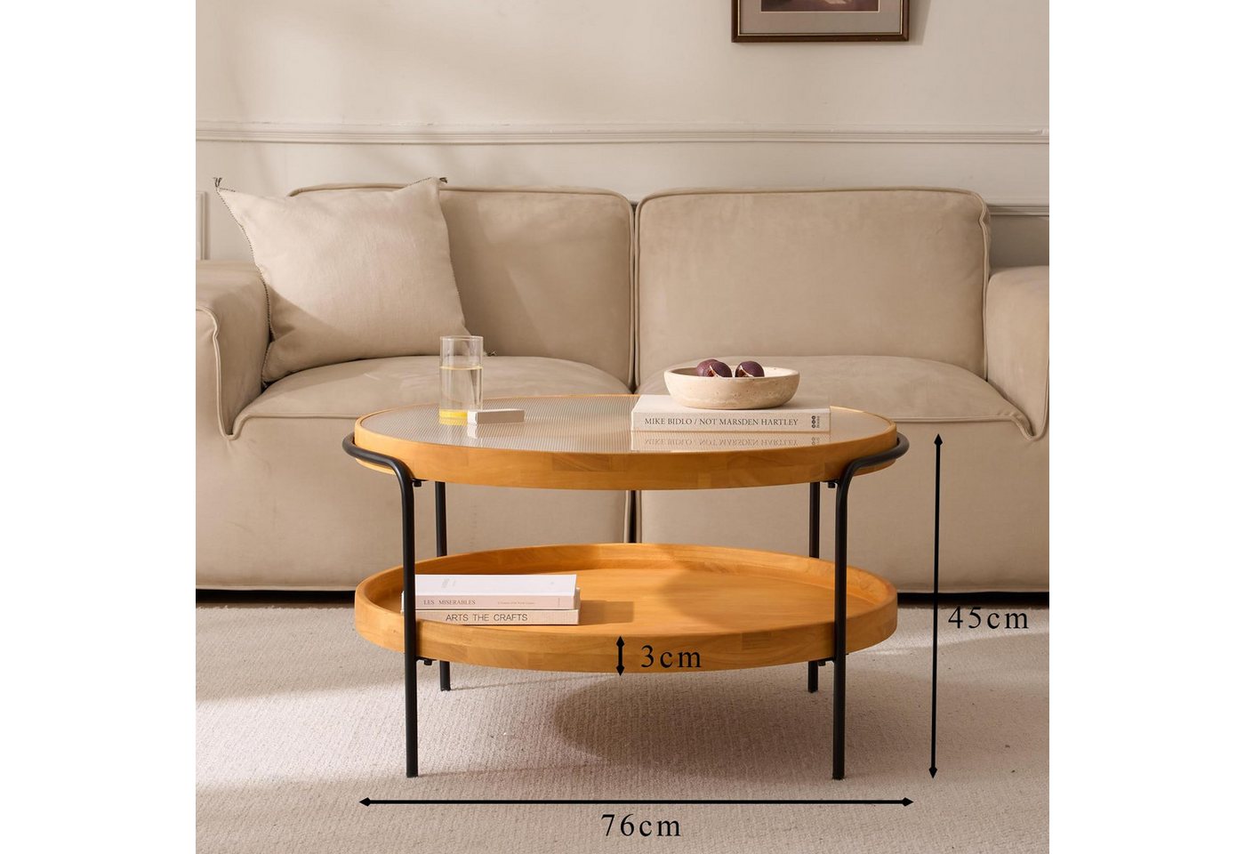 Cagnolier Couchtisch Rund 2-Tier Wohnzimmertisch mit Stauraum (1-St), Runder Tisch aus Holz mit Glas & Metallgestell, Ø76x45cm – Bild 2 von 5