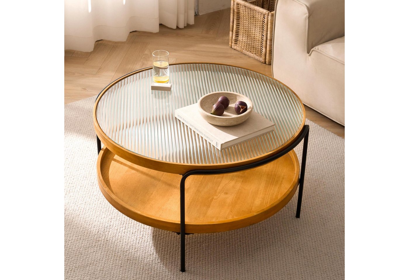Cagnolier Couchtisch Rund 2-Tier Wohnzimmertisch mit Stauraum (1-St), Runder Tisch aus Holz mit Glas & Metallgestell, Ø76x45cm – Bild 4 von 5