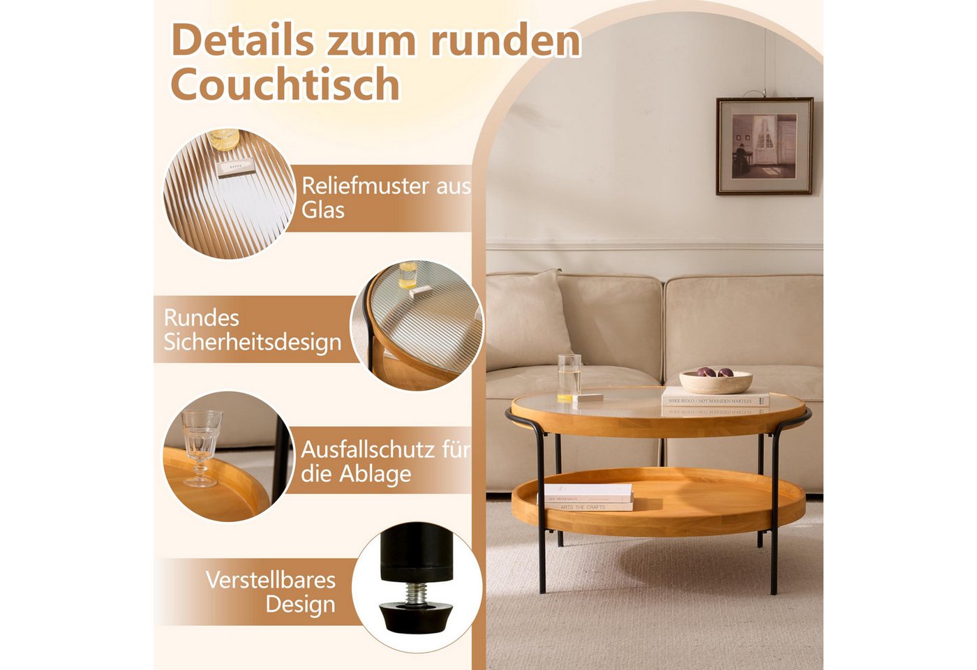 Cagnolier Couchtisch Rund 2-Tier Wohnzimmertisch mit Stauraum (1-St), Runder Tisch aus Holz mit Glas & Metallgestell, Ø76x45cm – Bild 5 von 5