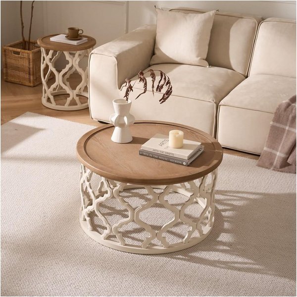 Cagnolier Couchtisch Rund im Retro-Stil, Holz Wohnzimmertisch (1-St), Beisteiltisch mit ausgeschnittenen Tischbeinen, Ø76 x 41 cm