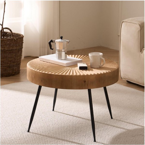 Cagnolier Couchtisch Wohnzimmertisch Holz, Hellbraun Beistelltisch ø60×42cm (1-St), mit strahlenförmigem Linearmuster und schwarzen Metallbeinen
