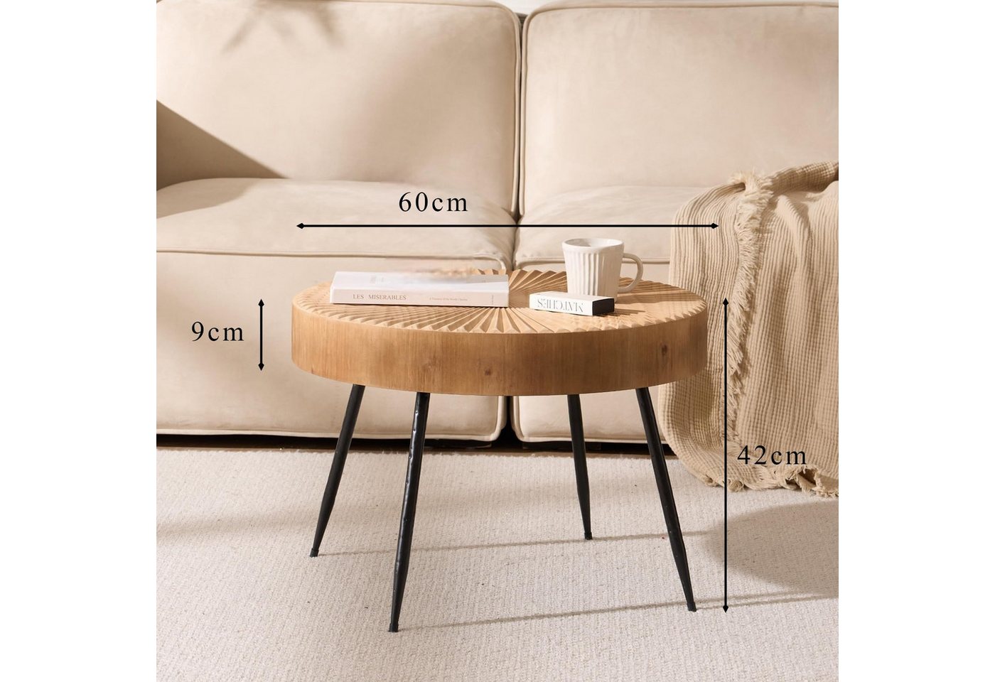 Cagnolier Couchtisch Wohnzimmertisch Holz, Hellbraun Beistelltisch ø60×42cm (1-St), mit strahlenförmigem Linearmuster und schwarzen Metallbeinen – Bild 2 von 5