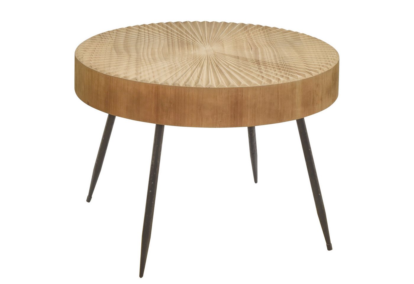 Cagnolier Couchtisch Wohnzimmertisch Holz, Hellbraun Beistelltisch ø60×42cm (1-St), mit strahlenförmigem Linearmuster und schwarzen Metallbeinen – Bild 3 von 5