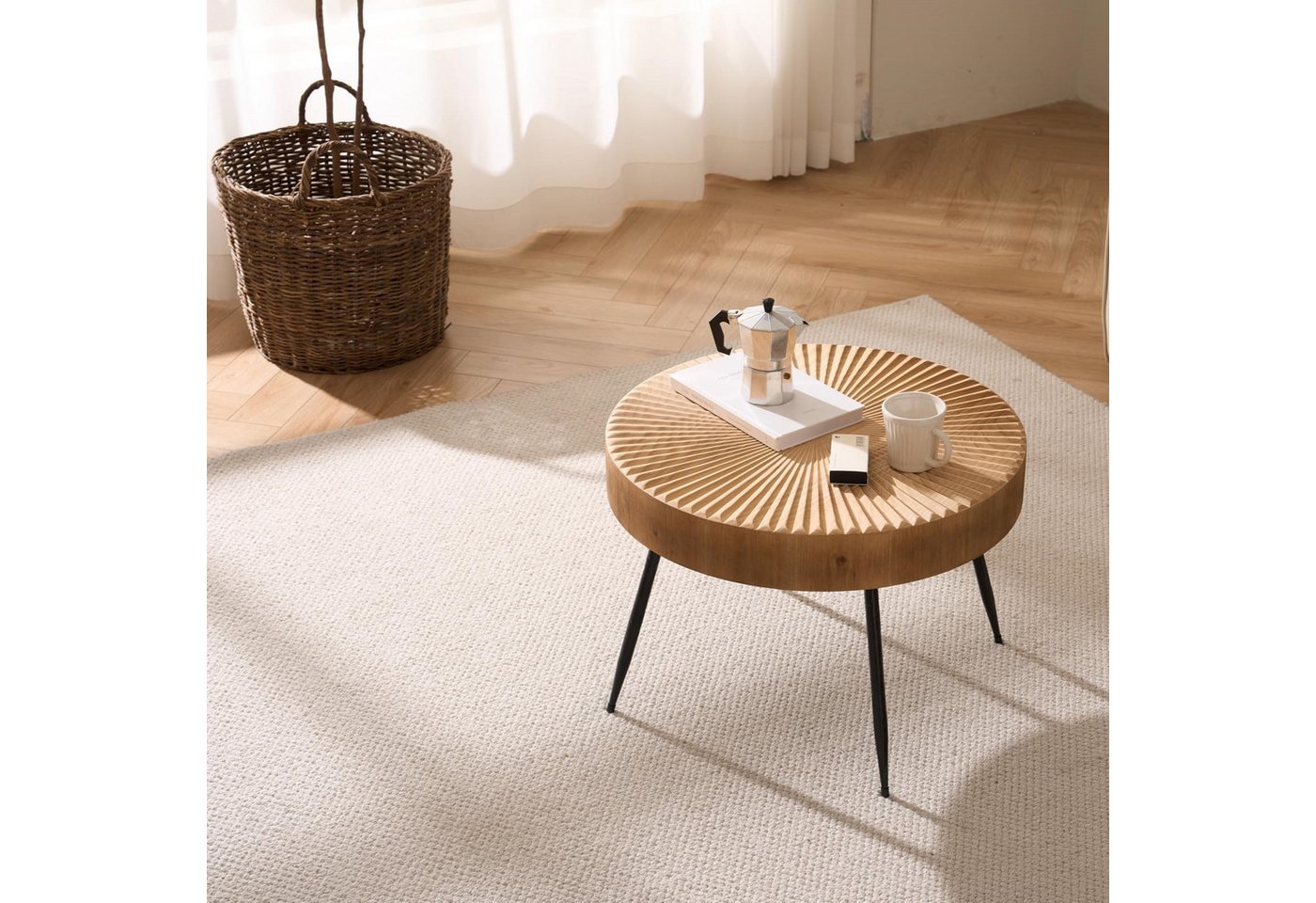 Cagnolier Couchtisch Wohnzimmertisch Holz, Hellbraun Beistelltisch ø60×42cm (1-St), mit strahlenförmigem Linearmuster und schwarzen Metallbeinen – Bild 4 von 5
