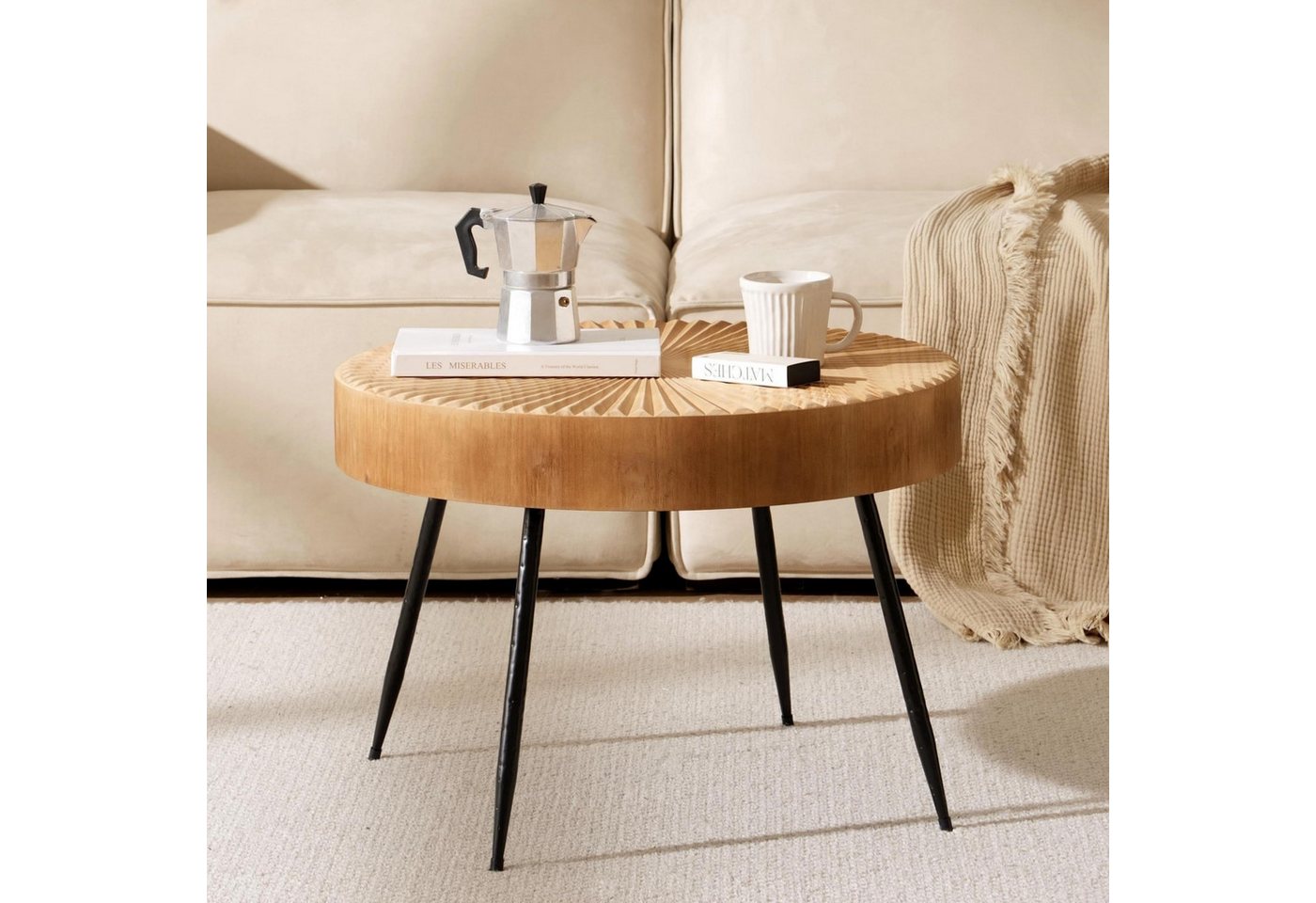 Cagnolier Couchtisch Wohnzimmertisch Holz, Hellbraun Beistelltisch ø60×42cm (1-St), mit strahlenförmigem Linearmuster und schwarzen Metallbeinen – Bild 5 von 5