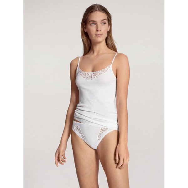 CALIDA Spaghettitop Feminin Sense mit Spitzen-Einsatz, Pure Cotton, tiefer Ausschnitt, Single Jersey