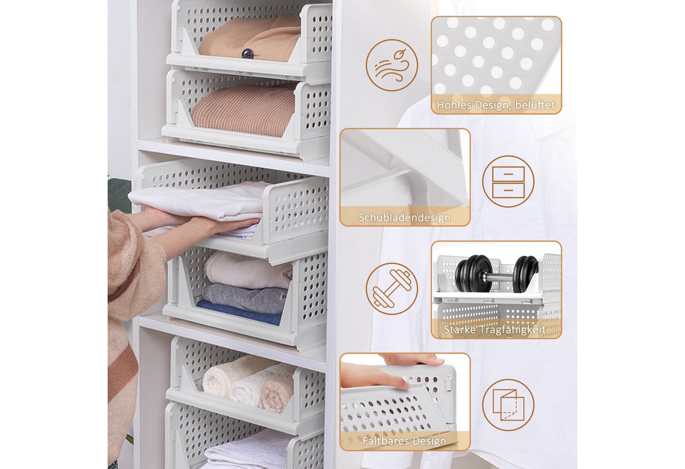 CALIYO Aufbewahrungsbox 4er Schubladenbox Stapelbare Kleiderschrank Organizer Faltbaren Regal (4 St), Aufbewahrungsbox Stapelbaren Schrank Schubladen Plastik La – Bild 5 von 5