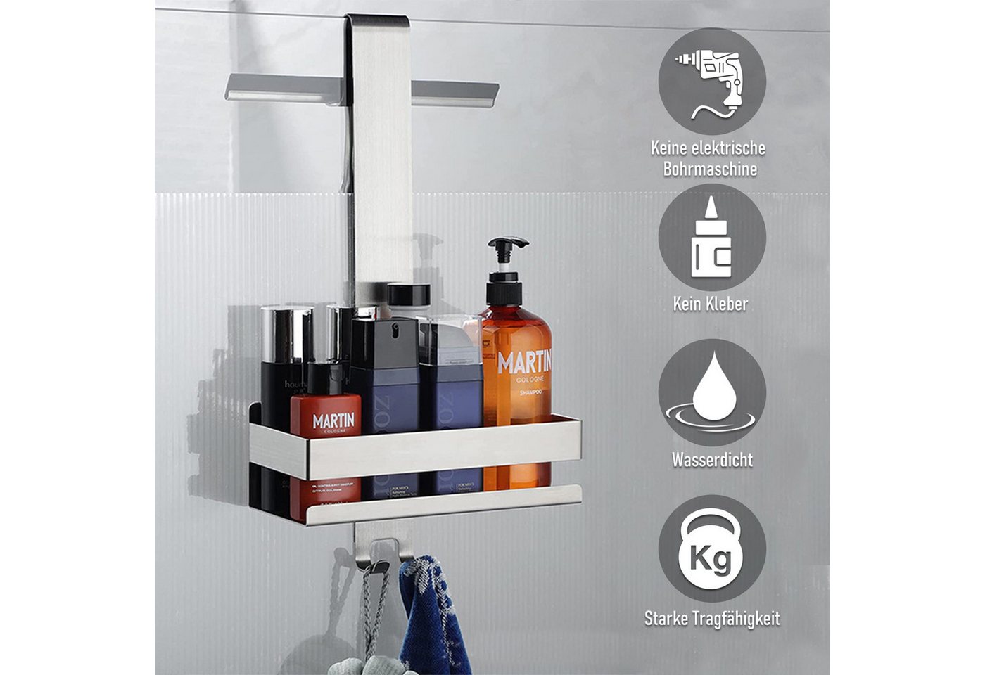 CALIYO Duschregal Duschablage zum Hängen, Duschkorb zum Hängen der Glas-Duschabtrennung, Edelstahl Duschregal Shampoo Halterung mit Haken für Rahmenlos Glastür – Bild 4 von 5
