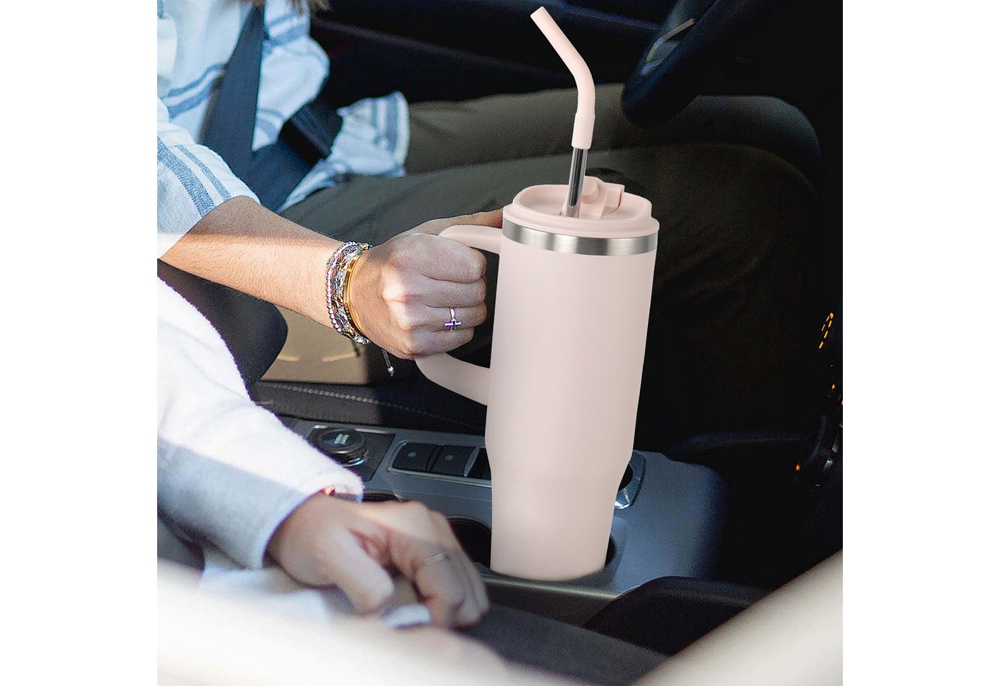 CALIYO Thermobecher Edelstahl Autobecher BPA frei mit Strohhalm und Deckel 1.2L, Spülmaschinenfest Langanhaltend kühl / warm für Sport, Reisen – Bild 2 von 5