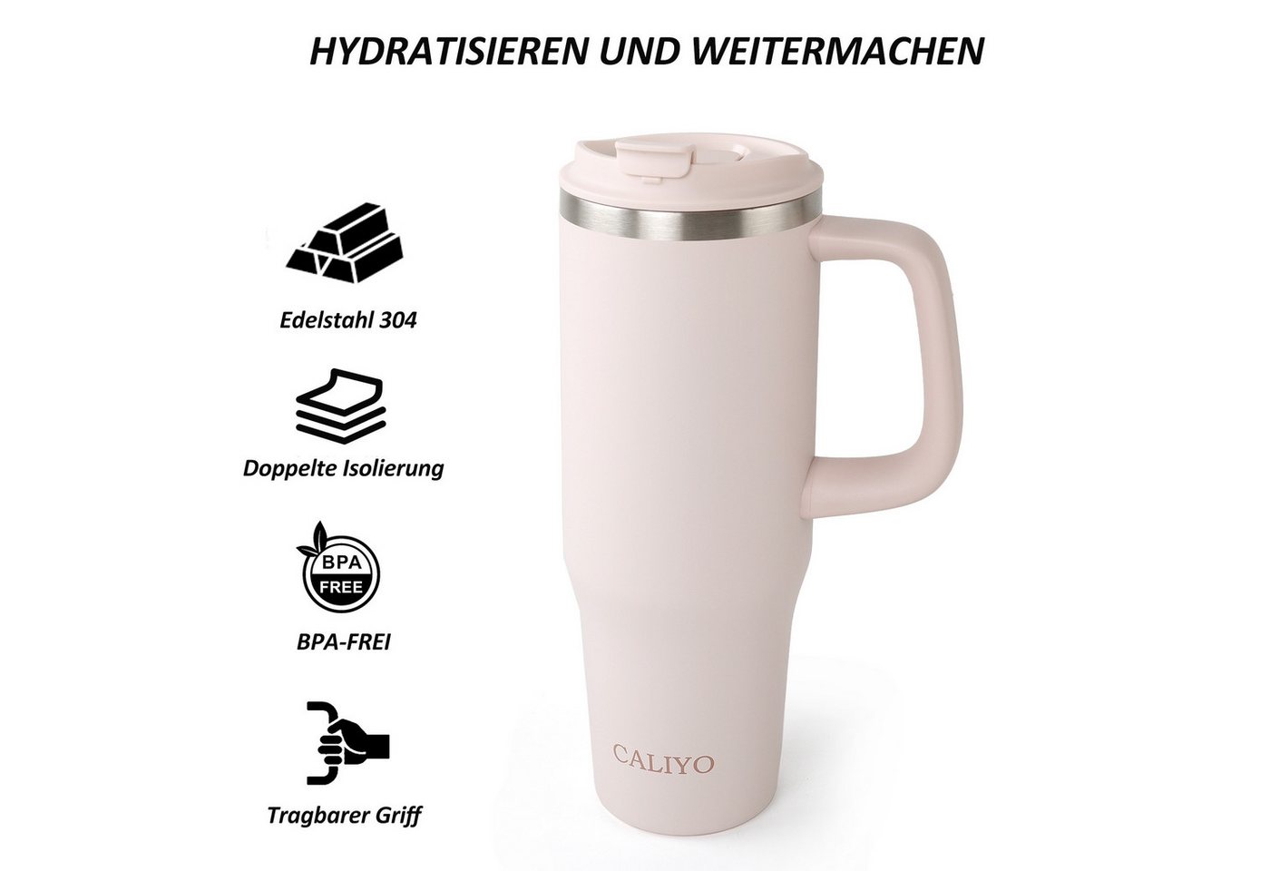 CALIYO Thermobecher Edelstahl Autobecher BPA frei mit Strohhalm und Deckel 1.2L, Spülmaschinenfest Langanhaltend kühl / warm für Sport, Reisen – Bild 3 von 5