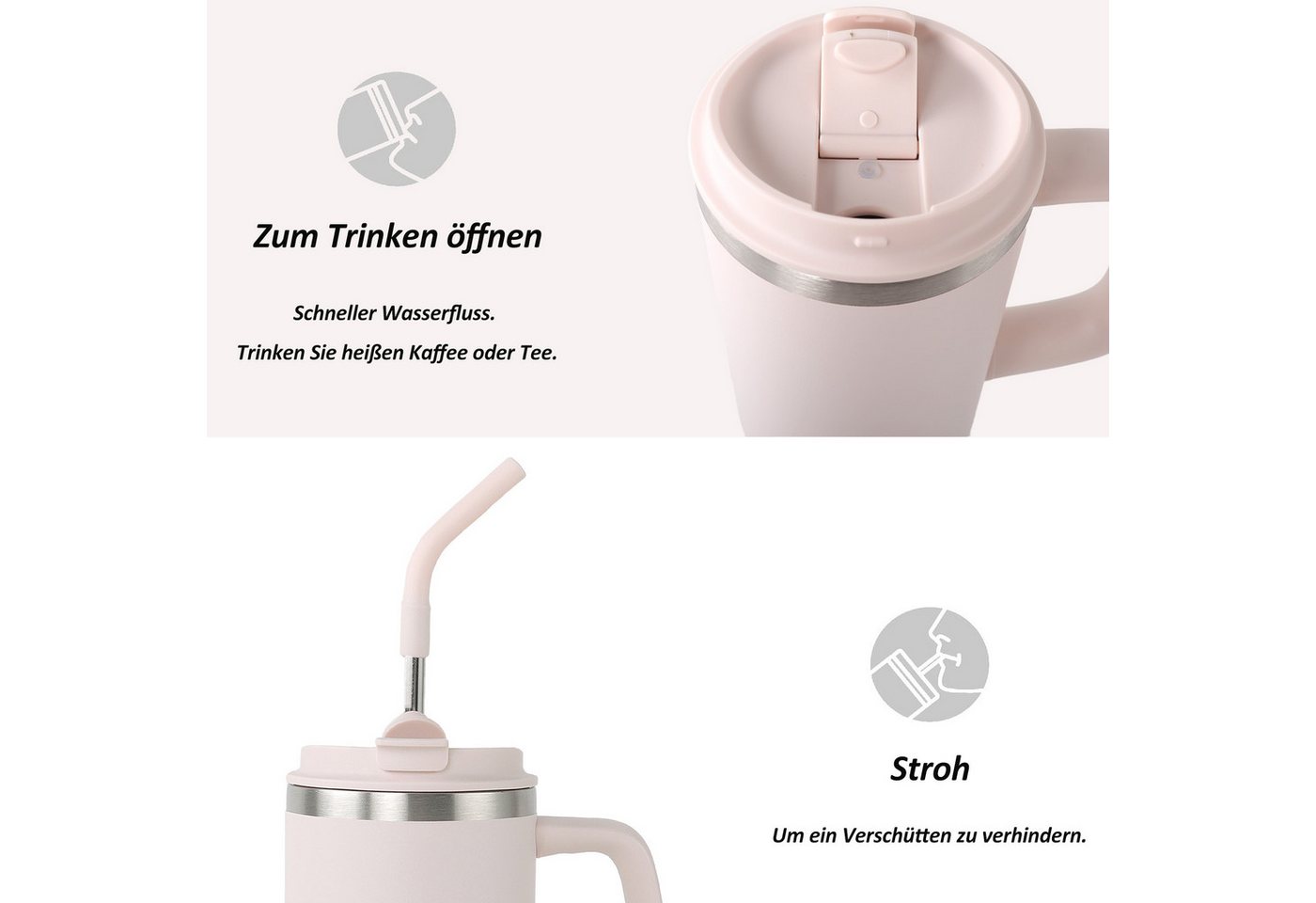 CALIYO Thermobecher Edelstahl Autobecher BPA frei mit Strohhalm und Deckel 1.2L, Spülmaschinenfest Langanhaltend kühl / warm für Sport, Reisen – Bild 4 von 5