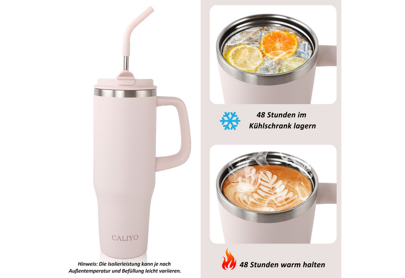 CALIYO Thermobecher Edelstahl Autobecher BPA frei mit Strohhalm und Deckel 1.2L, Spülmaschinenfest Langanhaltend kühl / warm für Sport, Reisen – Bild 5 von 5