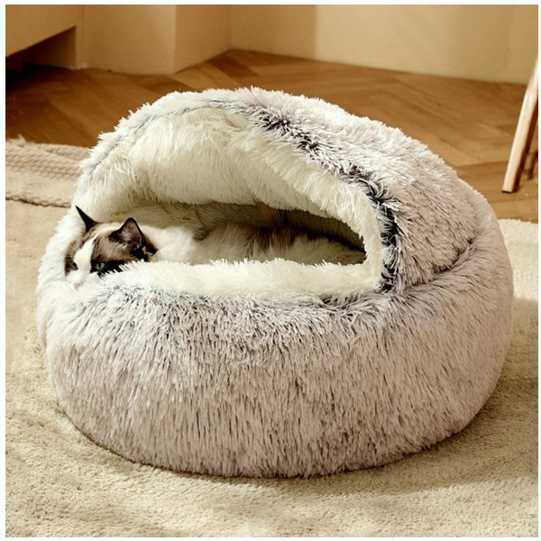 CALIYO Tierbett Flauschiges Katzenbett, rund, weiches Plüsch, Höhle mit Kapuze, Kunstpelz, Rutsch- und wasserdichte Unterseite