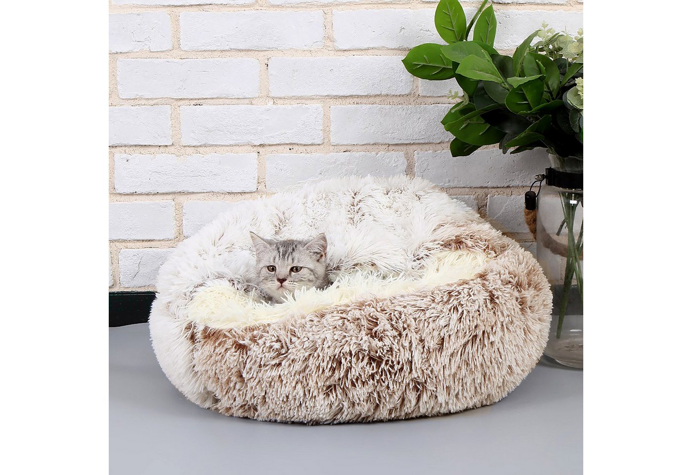 CALIYO Tierbett Flauschiges Katzenbett, rund, weiches Plüsch, Höhle mit Kapuze, Kunstpelz, Rutsch- und wasserdichte Unterseite – Bild 2 von 5