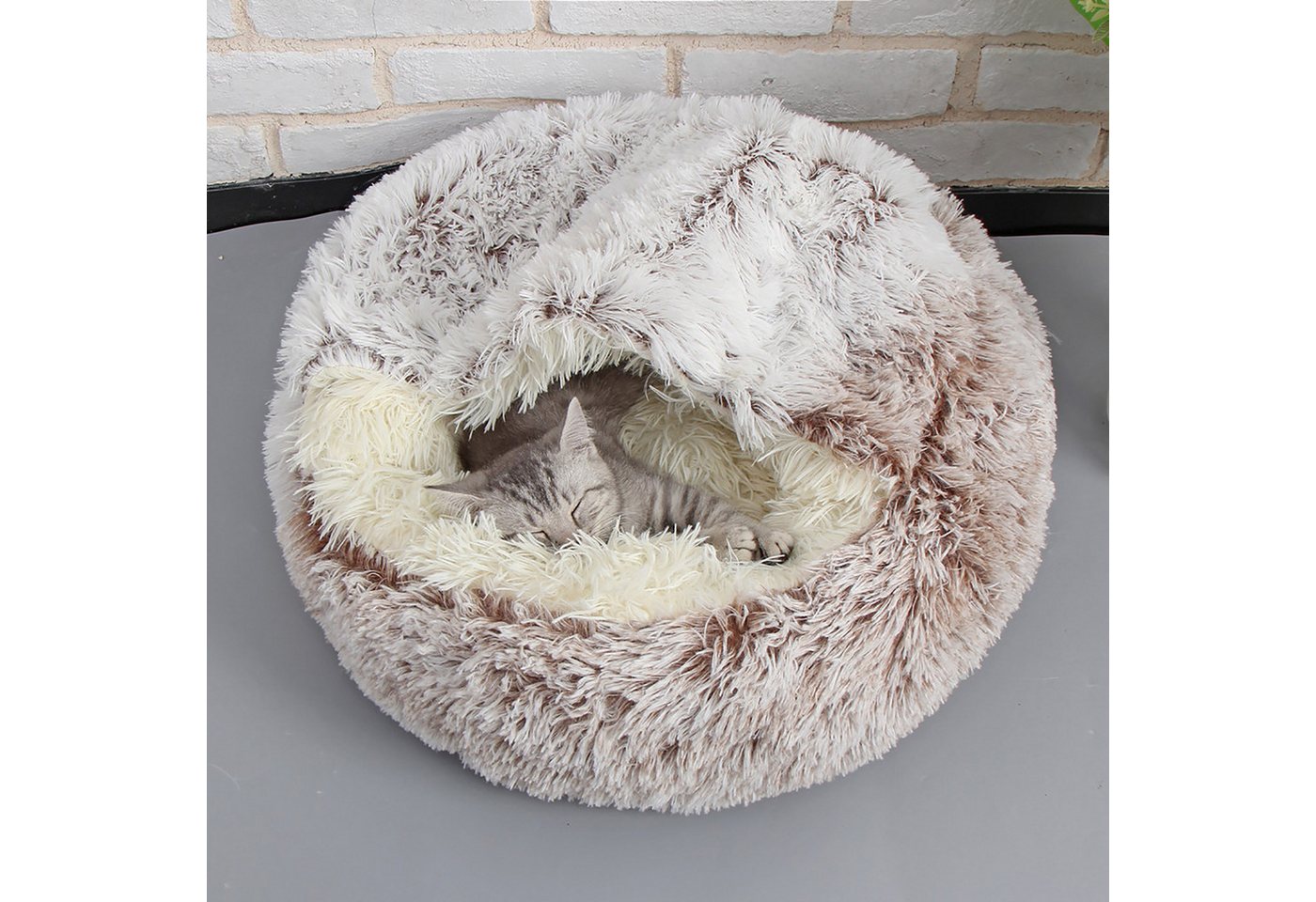 CALIYO Tierbett Flauschiges Katzenbett, rund, weiches Plüsch, Höhle mit Kapuze, Kunstpelz, Rutsch- und wasserdichte Unterseite – Bild 3 von 5