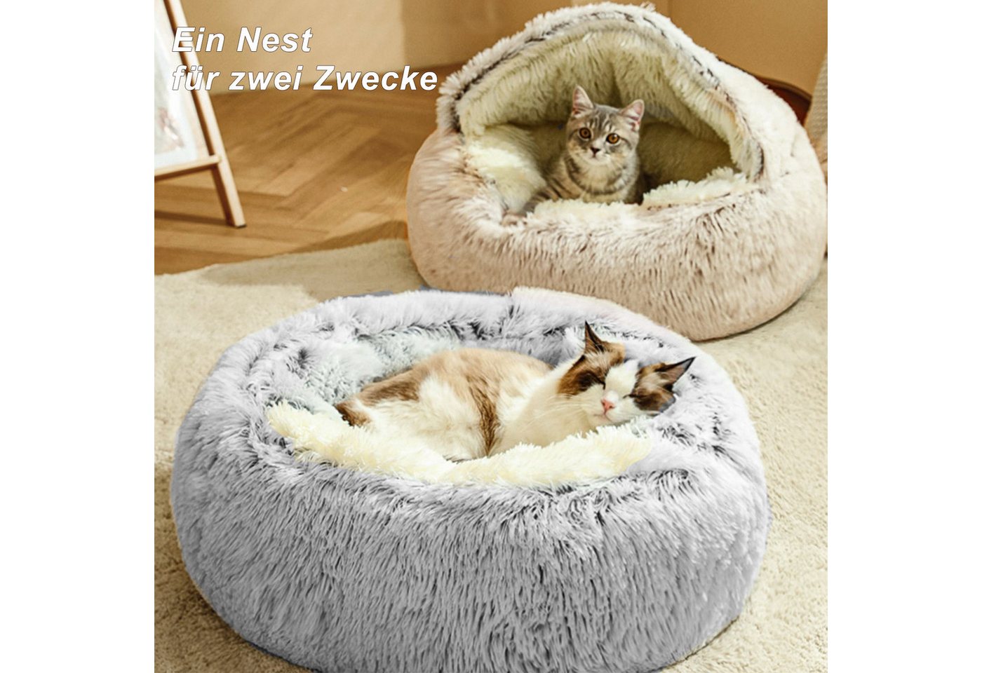 CALIYO Tierbett Flauschiges Katzenbett, rund, weiches Plüsch, Höhle mit Kapuze, Kunstpelz, Rutsch- und wasserdichte Unterseite – Bild 4 von 5