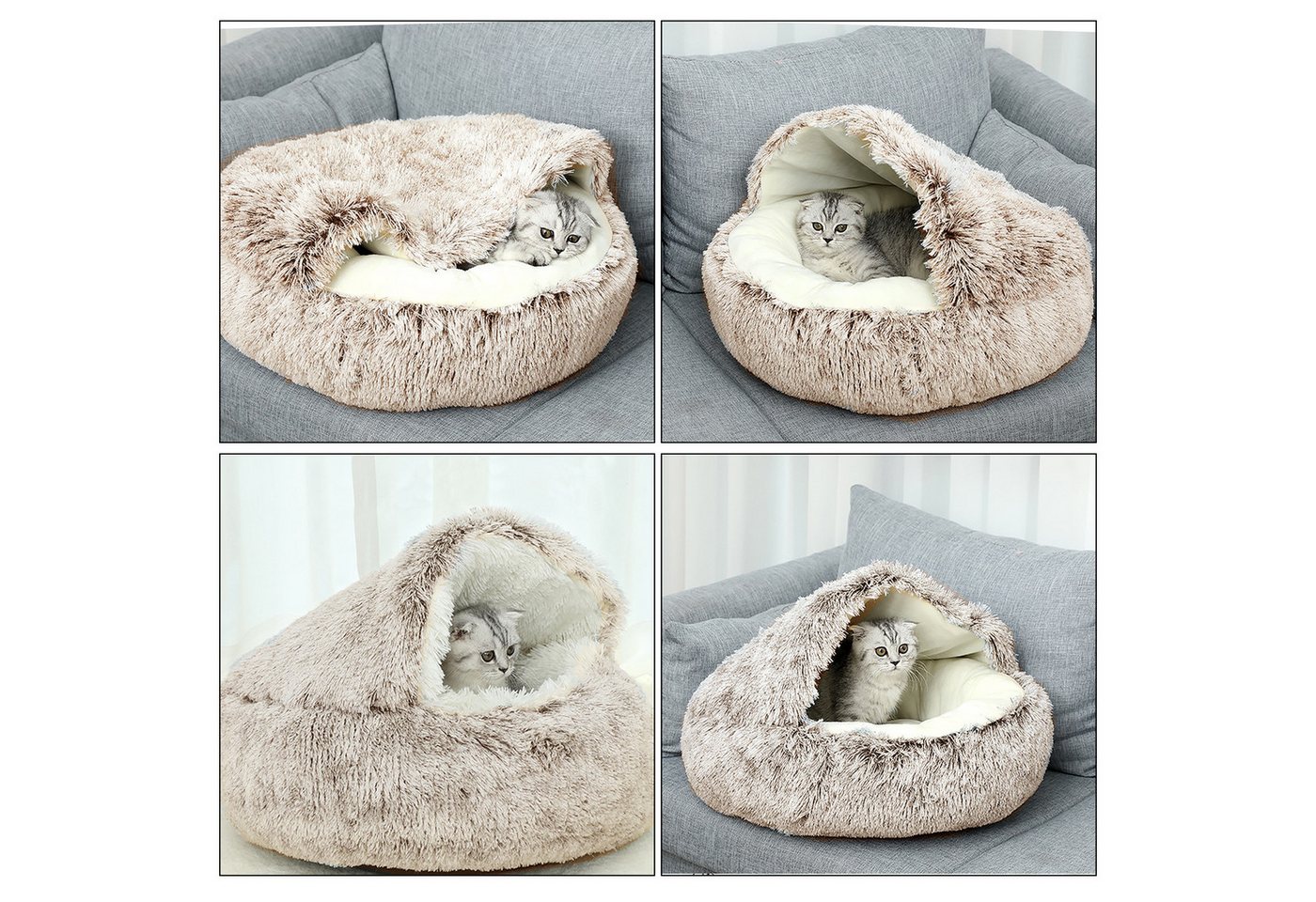 CALIYO Tierbett Flauschiges Katzenbett, rund, weiches Plüsch, Höhle mit Kapuze, Kunstpelz, Rutsch- und wasserdichte Unterseite – Bild 5 von 5