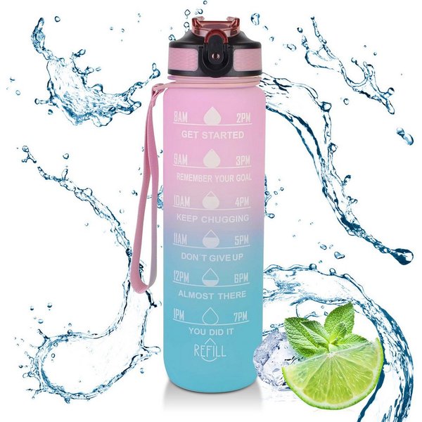 CALIYO Trinkflasche 1 Liter Sport-Wasserflasche mit Strohhalm und Zeitmarkierungen, Auslaufsichere Tritan-Trinkflasche, BPA-frei für Sportart