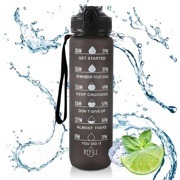 CALIYO Trinkflasche 1 Liter Sport-Wasserflasche mit Strohhalm und Zeitmarkierungen, Auslaufsichere Tritan-Trinkflasche, BPA-frei für Sportart