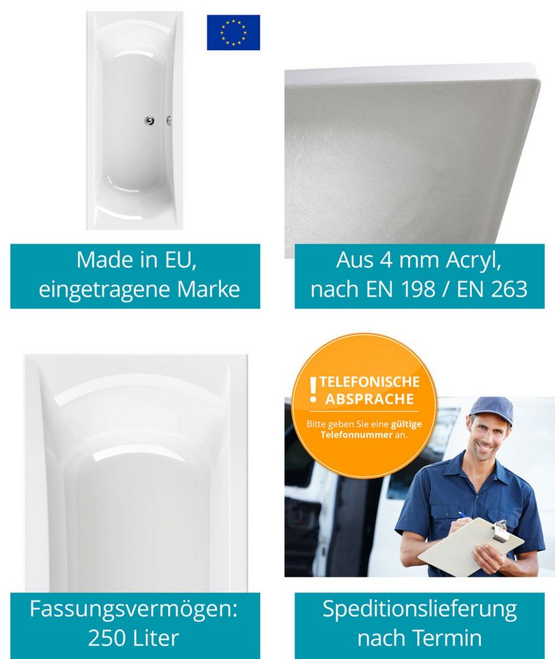 Calmwaters Badewanne Modern Curved, Duowanne, 180 x 80 cm, Acryl, Wannenfuß, Ablaufgarnitur, 99000299 – Bild 3 von 5