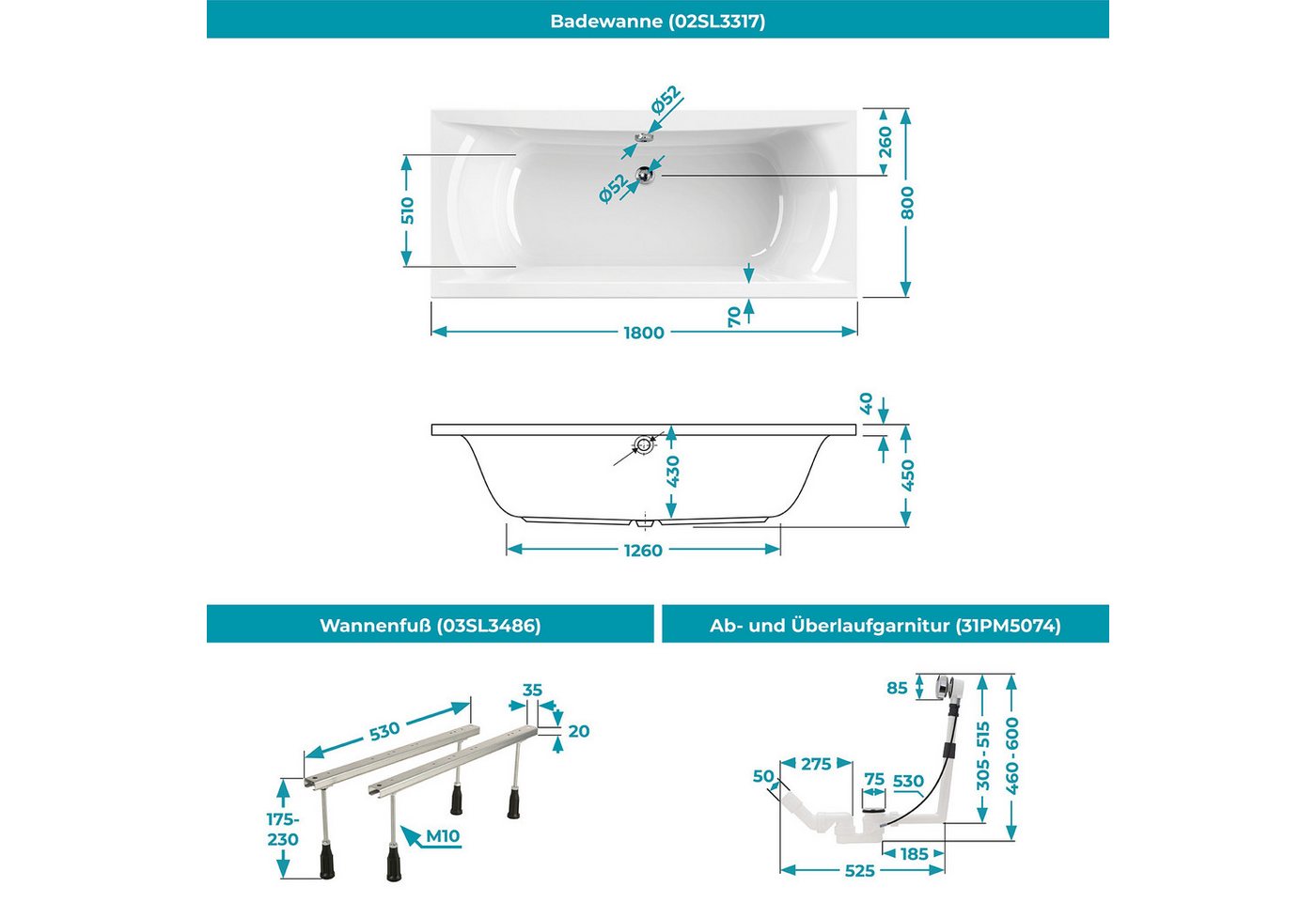 Calmwaters Badewanne Modern Curved, Duowanne, 180 x 80 cm, Acryl, Wannenfuß, Ablaufgarnitur, 99000299 – Bild 5 von 5