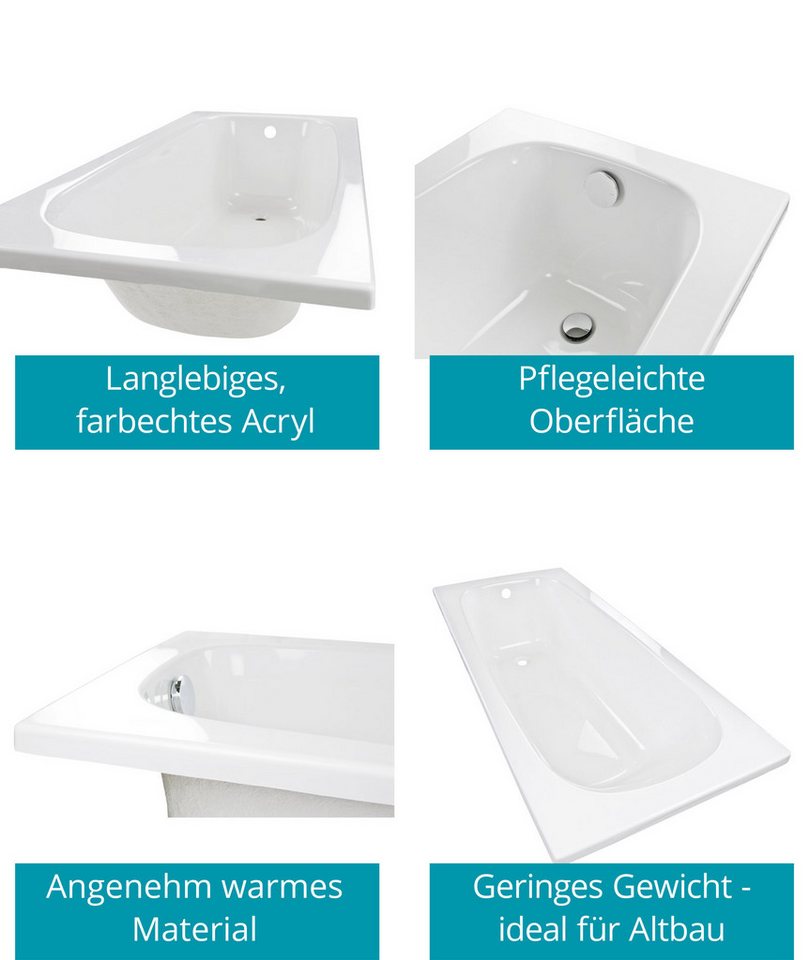 Calmwaters Badewanne Original, Weiß, 170 x 75 cm, Acryl, ergonomische Körperformbadewanne, 02SL3012 – Bild 2 von 5