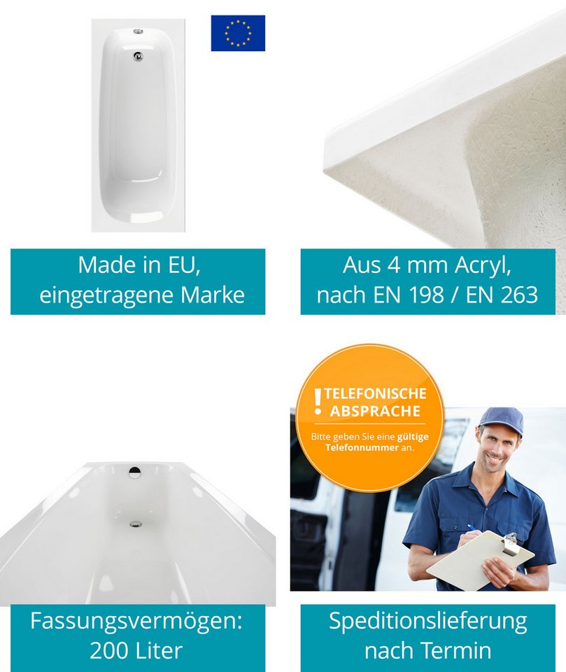 Calmwaters Badewanne Original, Weiß, 170 x 75 cm, Acryl, ergonomische Körperformbadewanne, 02SL3012 – Bild 3 von 5