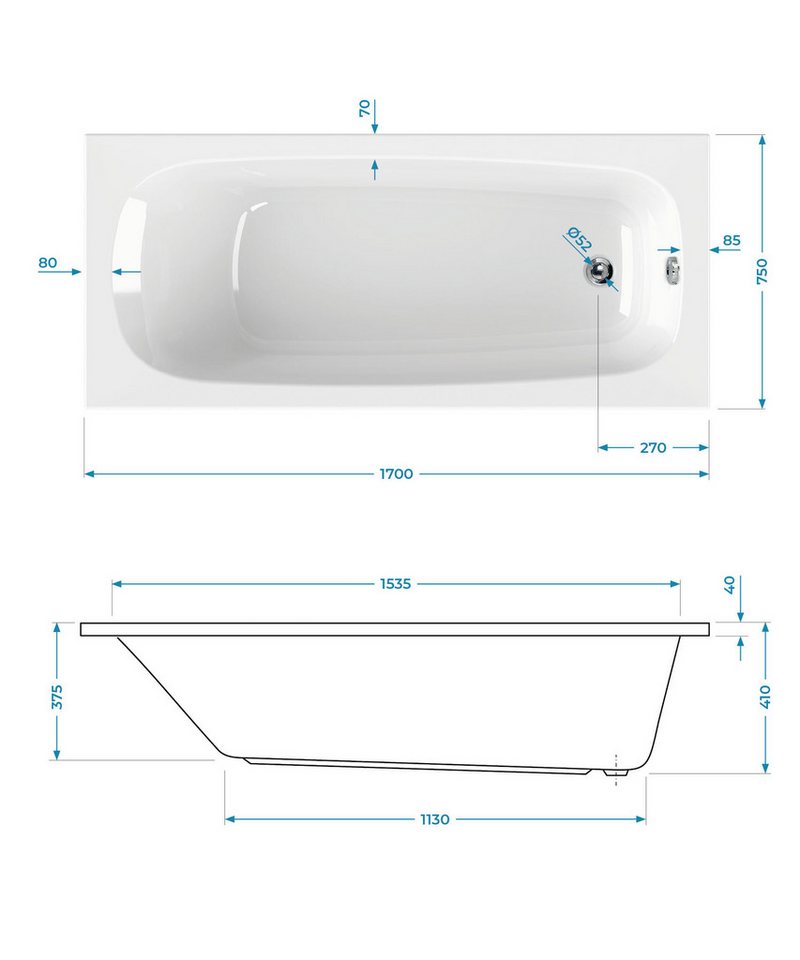 Calmwaters Badewanne Original, Weiß, 170 x 75 cm, Acryl, ergonomische Körperformbadewanne, 02SL3012 – Bild 4 von 5