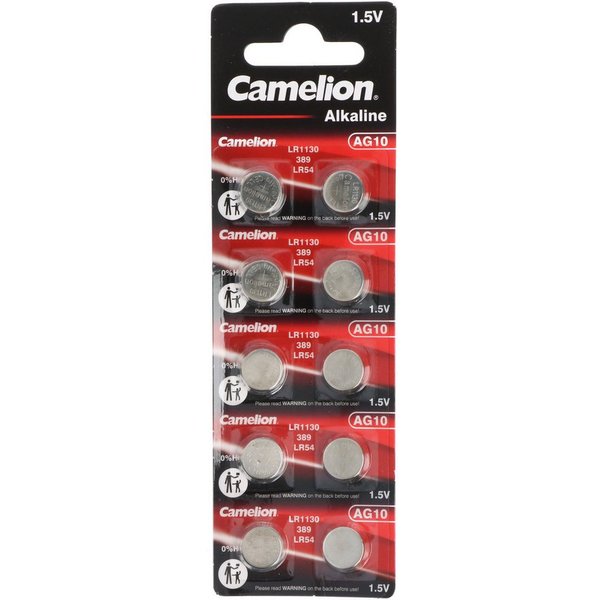 Camelion 10 Stück Knopfzelle LR54, AG10, LR54, LR1130, 189, RW89 Knopfzelle, (1,5 V)