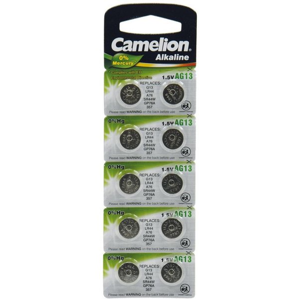 Camelion Alkaline Knopfzellen AG13 Typ LR44, 1,5V, 11,6x5,4mm (10er-Blister) Knopfzelle