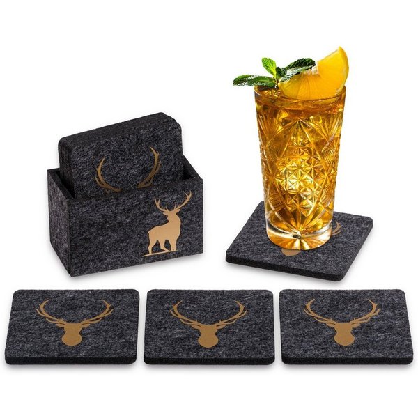 Camolo Glasuntersetzer aus Filz Hirsch anthrazit / gold mit Box, 9-tlg., Mit Motiven