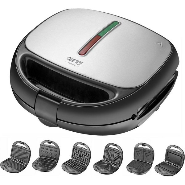 Camry 4-in-1-Sandwichmaker CR 3057 6 in 1, Multifunktionsgerät mit Wechselplatten, Waffeleisen, 1200 W, Kontaktgrill, Omelett, Nussgebäck Maker, schwarz/silber
