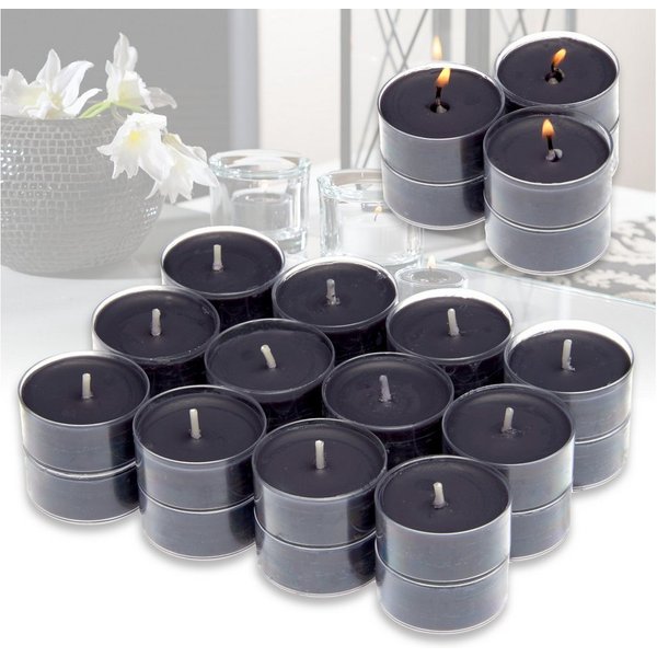 Candelo Teelicht 24er Set Duft Kerzen Ambiente – Duftteelichter Black Rose (24-tlg), Teelichter Schwarz - Kunststoff Hülle je 3,8x1,7cm - 4 Std Brenndauer