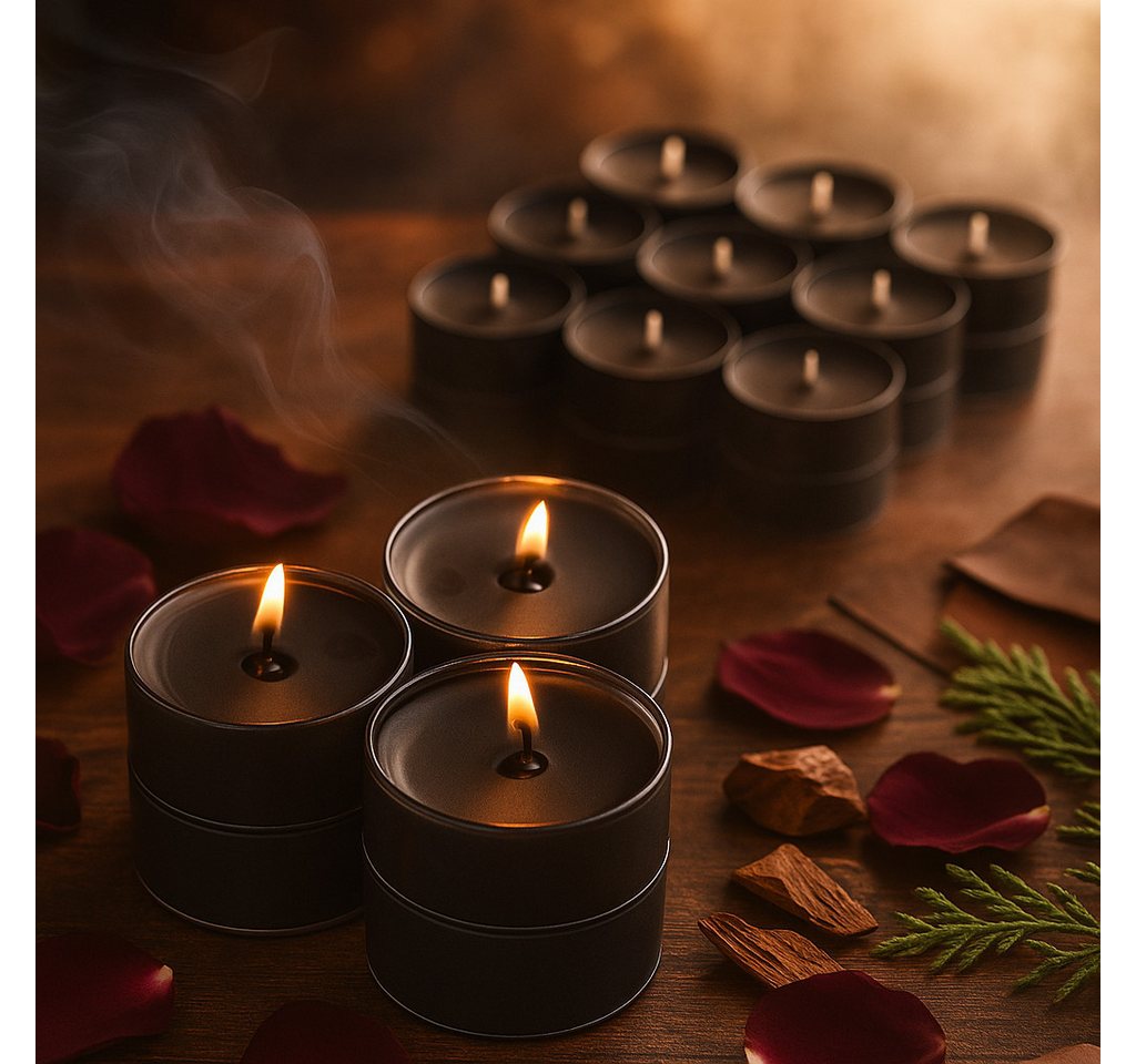 Candelo Teelicht 24er Set Duft Kerzen Ambiente – Duftteelichter Black Rose (24-tlg), Teelichter Schwarz - Kunststoff Hülle je 3,8x1,7cm - 4 Std Brenndauer – Bild 4 von 5