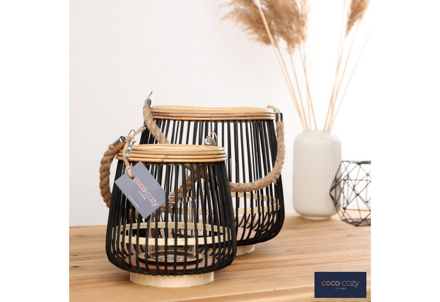Candini Bodenwindlicht Windlicht "Ibiza", Ø 30cm, Bambus, Designobjekt, Henkel aus Jute – Bild 2 von 4