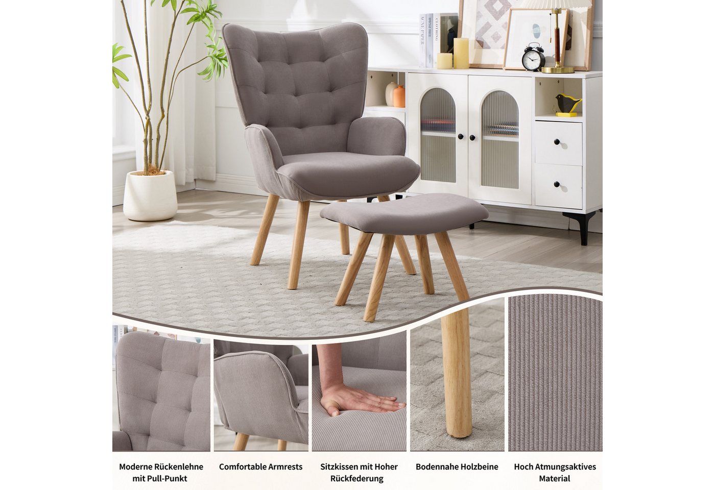 CANMOV Relaxsessel Moderner Relaxsessel mit Hocker, Bequemer Lounge Sessel für Wohnzimmer (1-St., bestehend aus Sessel und Hocker), Ergonomischer Polstersessel  – Bild 3 von 5