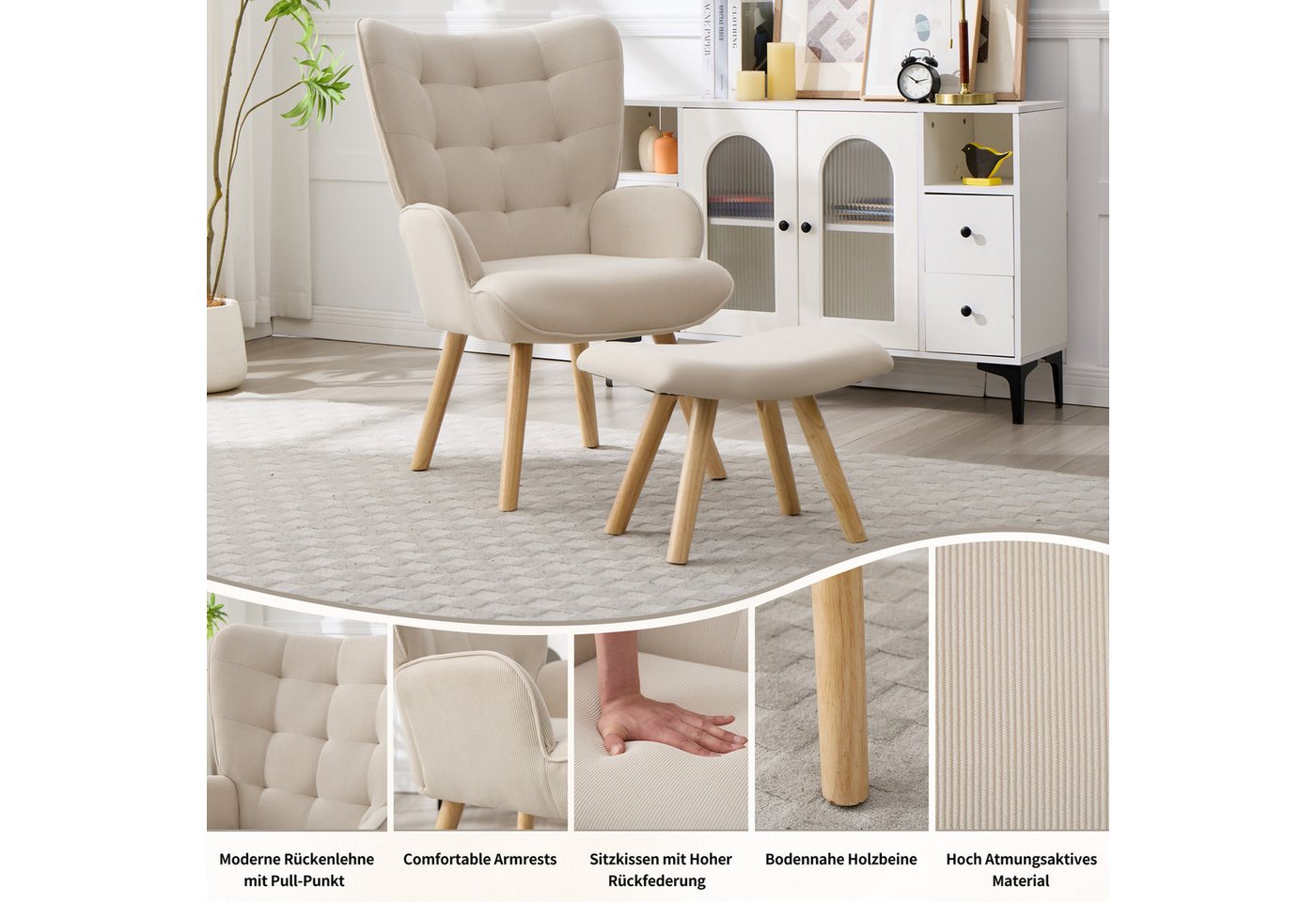 CANMOV Relaxsessel Moderner Relaxsessel mit Hocker, Bequemer Lounge Sessel für Wohnzimmer (1-St., bestehend aus Sessel und Hocker), Ergonomischer Polstersessel  – Bild 4 von 5