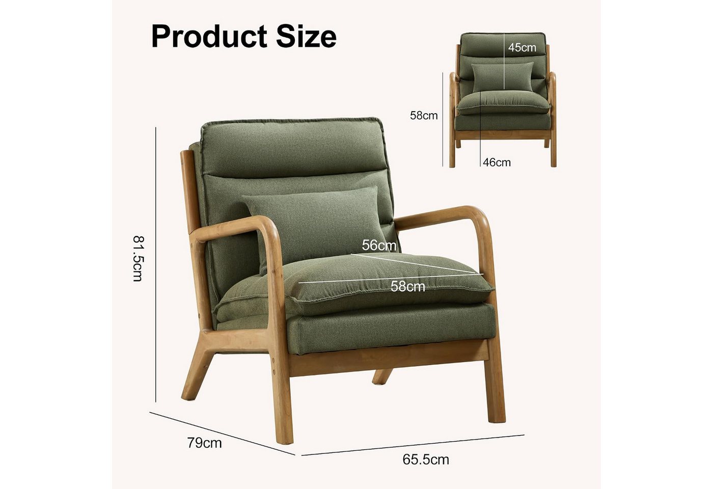 CANMOV Relaxsessel Sessel mit Kissen, Loungesessel mit hoher Rückenlehne, Einzelsessel (2-St), Natürliches Holz, Liegestuhl mit Armlehne und Kissen, für Wohnzim – Bild 2 von 5
